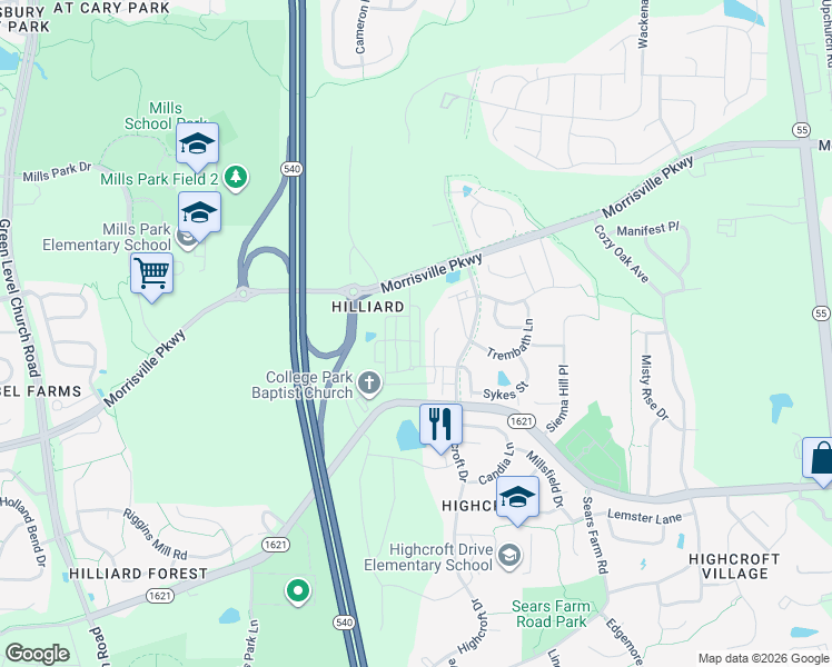 map of restaurants, bars, coffee shops, grocery stores, and more near 7216 Green Hope School Road in Cary