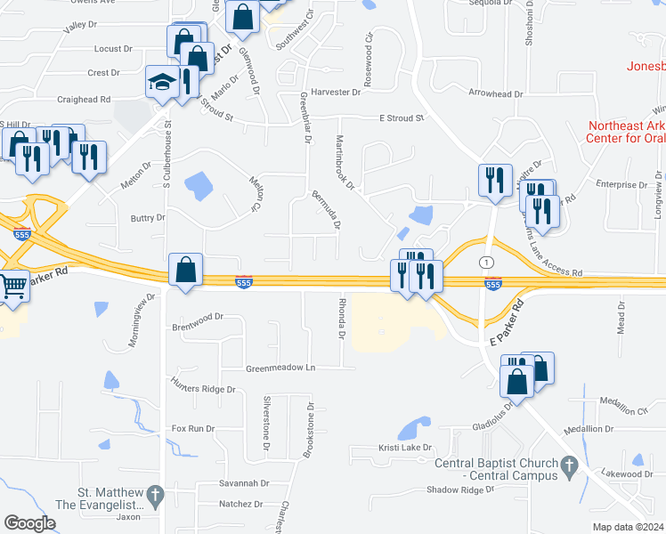 map of restaurants, bars, coffee shops, grocery stores, and more near 3009 Bermuda Drive in Jonesboro