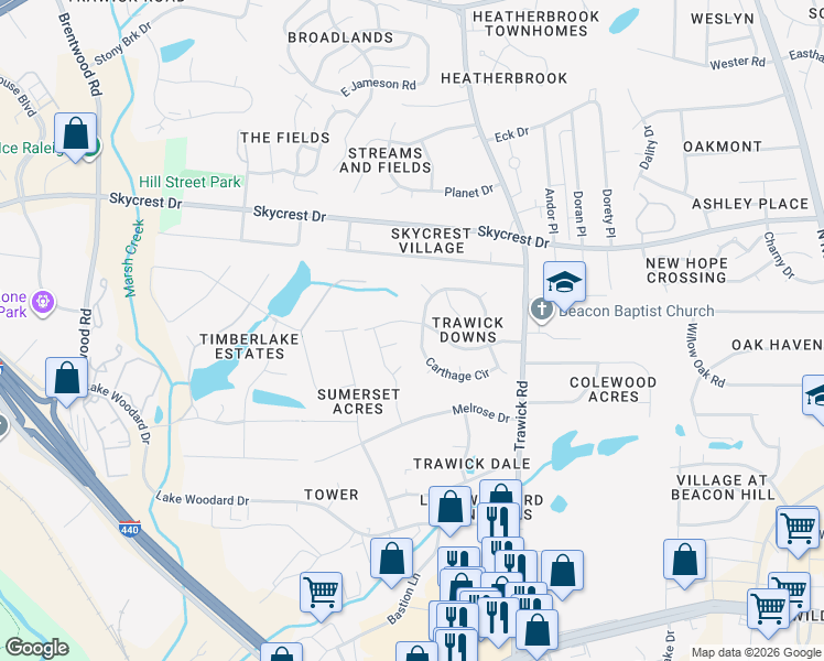 map of restaurants, bars, coffee shops, grocery stores, and more near 3458 Piedmont Drive in Raleigh