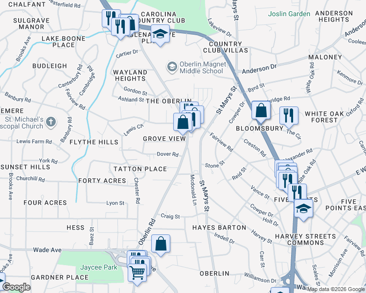 map of restaurants, bars, coffee shops, grocery stores, and more near 2601 Davis Street in Raleigh
