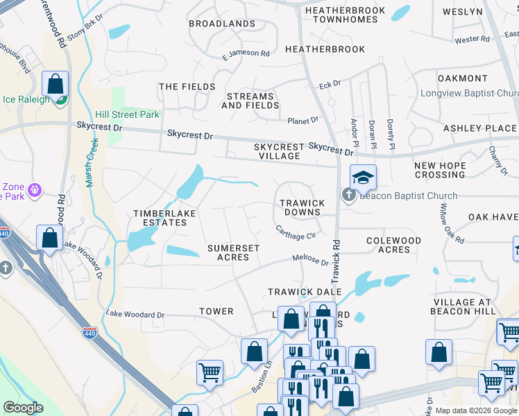 map of restaurants, bars, coffee shops, grocery stores, and more near 2020 Seneca Road in Raleigh
