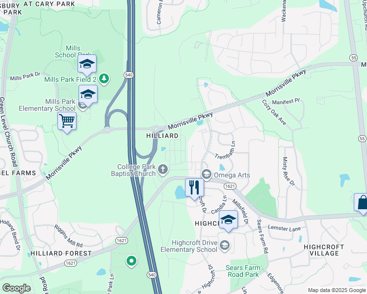 map of restaurants, bars, coffee shops, grocery stores, and more near 7216 Green Hope School Road in Cary