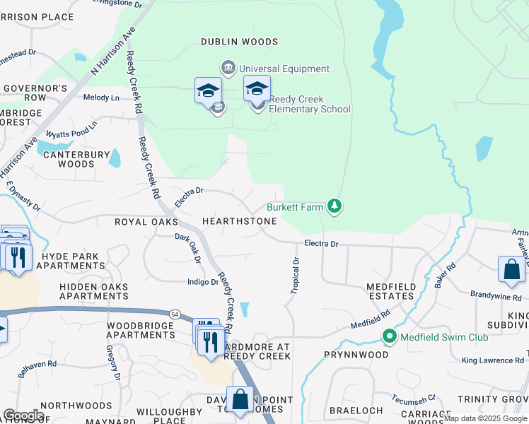 map of restaurants, bars, coffee shops, grocery stores, and more near 104 Vineyard Lane in Cary