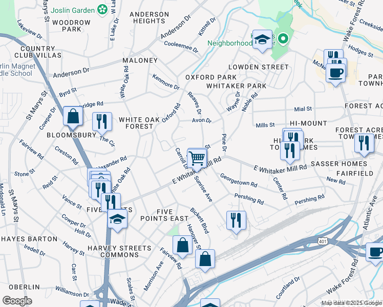 map of restaurants, bars, coffee shops, grocery stores, and more near 209 Hudson Street in Raleigh