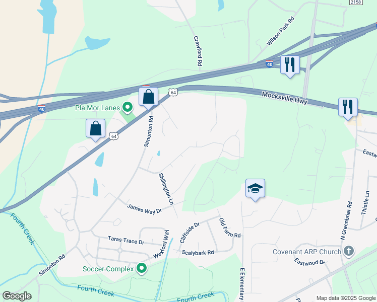 map of restaurants, bars, coffee shops, grocery stores, and more near 2456 Marthas Ridge Drive in Statesville
