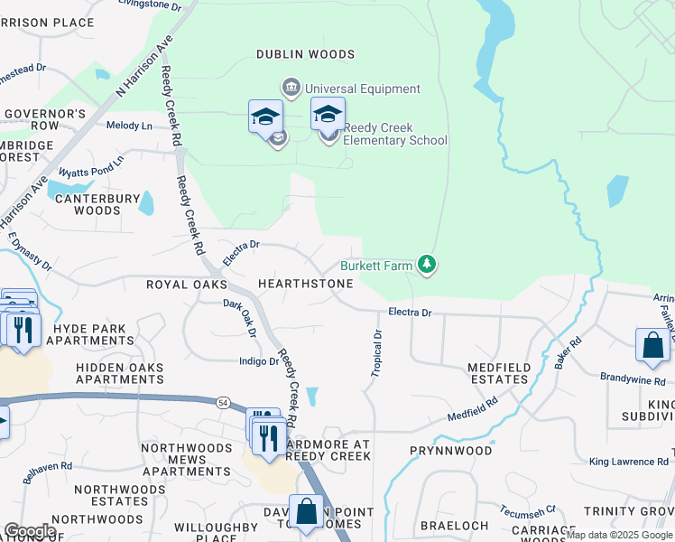 map of restaurants, bars, coffee shops, grocery stores, and more near 104 Vineyard Lane in Cary