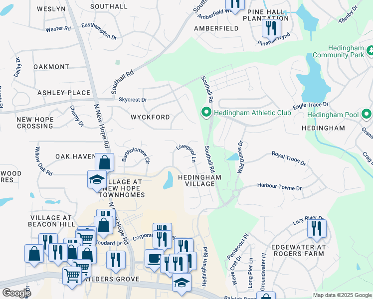 map of restaurants, bars, coffee shops, grocery stores, and more near 4508 Liverpool Lane in Raleigh