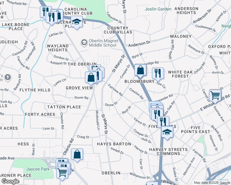 map of restaurants, bars, coffee shops, grocery stores, and more near 2311 Fairview Road in Raleigh