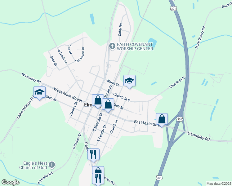 map of restaurants, bars, coffee shops, grocery stores, and more near 105 Church Street East in Elm City