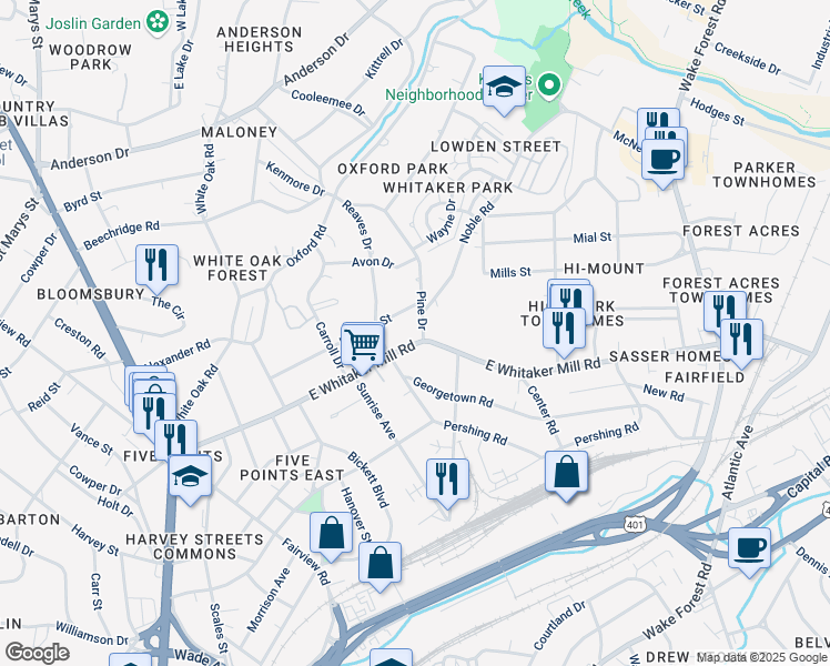 map of restaurants, bars, coffee shops, grocery stores, and more near 317 East Whitaker Mill Road in Raleigh