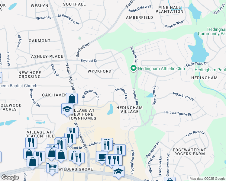 map of restaurants, bars, coffee shops, grocery stores, and more near 4513 Belvedere Court in Raleigh