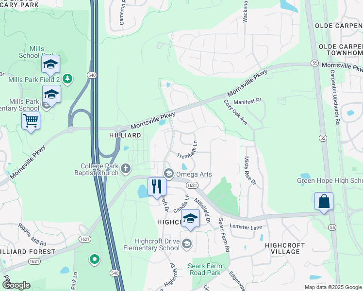 map of restaurants, bars, coffee shops, grocery stores, and more near 5216 Shergold Street in Cary