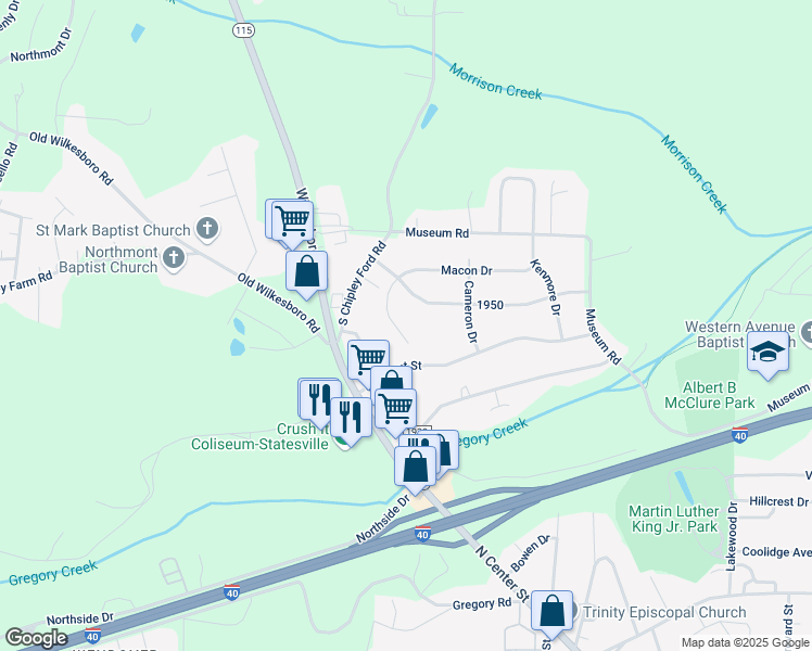 map of restaurants, bars, coffee shops, grocery stores, and more near 210 Macon Drive in Statesville