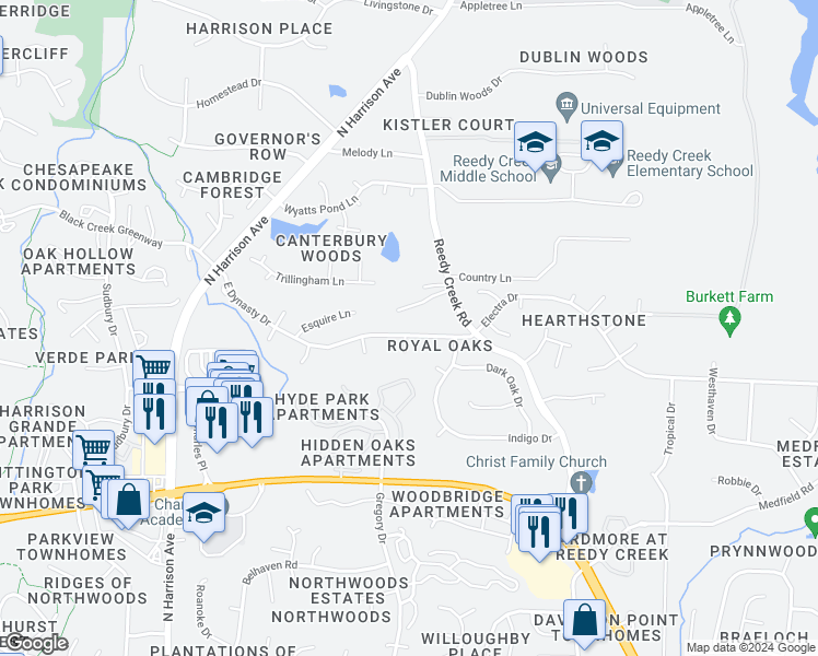map of restaurants, bars, coffee shops, grocery stores, and more near 601 East Dynasty Drive in Cary