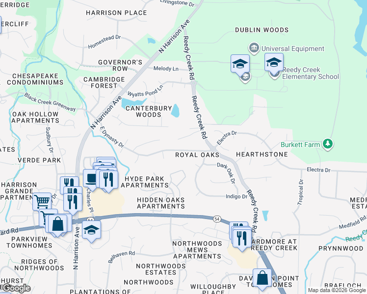 map of restaurants, bars, coffee shops, grocery stores, and more near 601 East Dynasty Drive in Cary