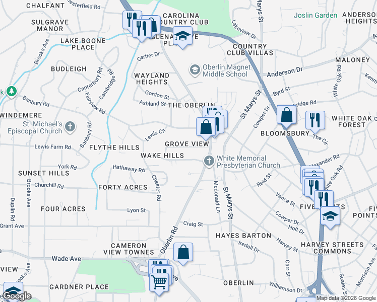map of restaurants, bars, coffee shops, grocery stores, and more near 2627 Davis Street in Raleigh