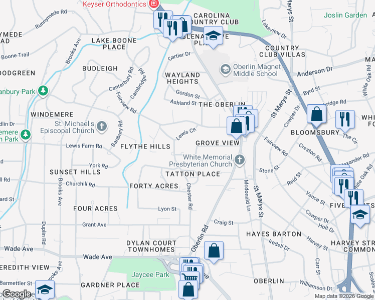 map of restaurants, bars, coffee shops, grocery stores, and more near 2626 Dover Road in Raleigh