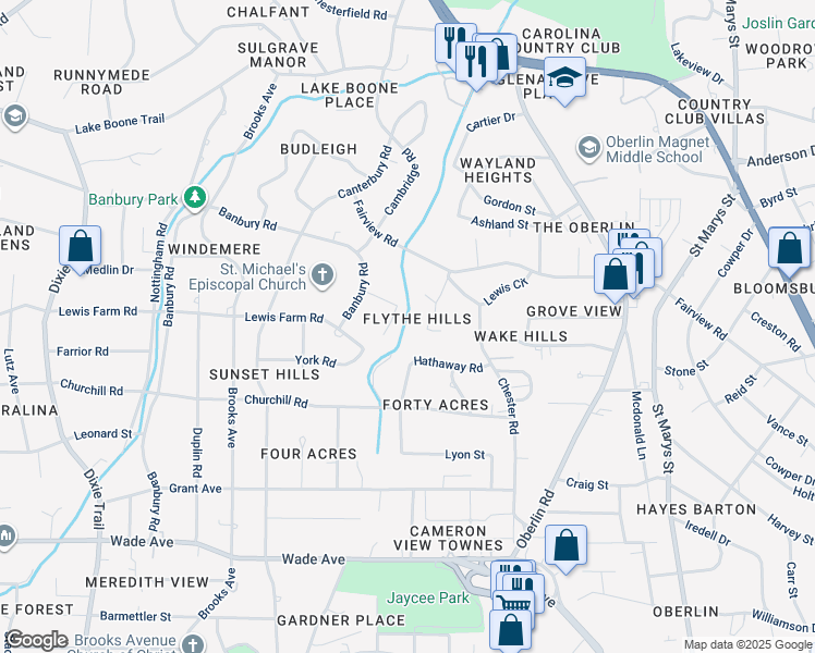 map of restaurants, bars, coffee shops, grocery stores, and more near 2704 Manning Place in Raleigh