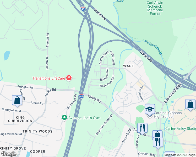 map of restaurants, bars, coffee shops, grocery stores, and more near 1404 Crafton Way in Raleigh