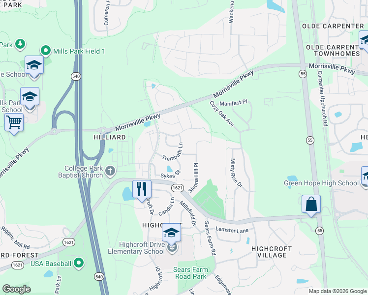 map of restaurants, bars, coffee shops, grocery stores, and more near 5245 Shergold Street in Cary