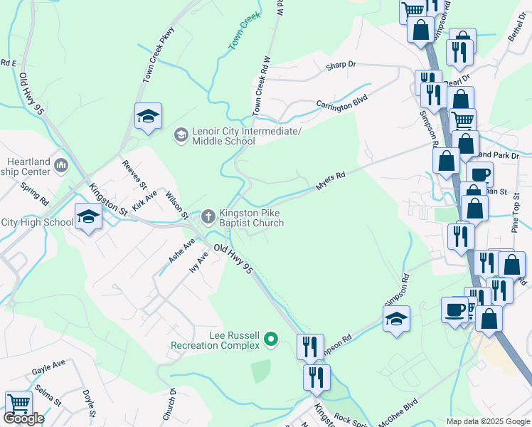 map of restaurants, bars, coffee shops, grocery stores, and more near 155 Town Creek Circle in Lenoir City