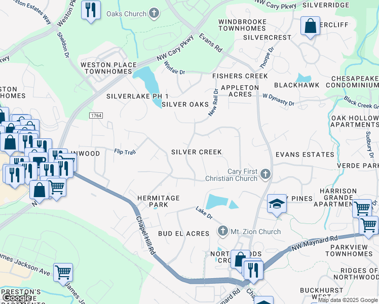 map of restaurants, bars, coffee shops, grocery stores, and more near 303 Stromer Drive in Cary