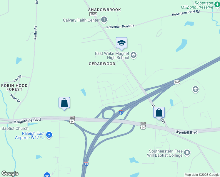 map of restaurants, bars, coffee shops, grocery stores, and more near 9021 U.S. 64 in Knightdale