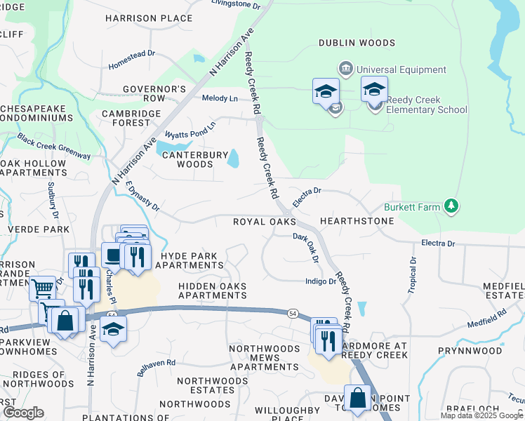 map of restaurants, bars, coffee shops, grocery stores, and more near 609 E Dynasty Dr in Cary