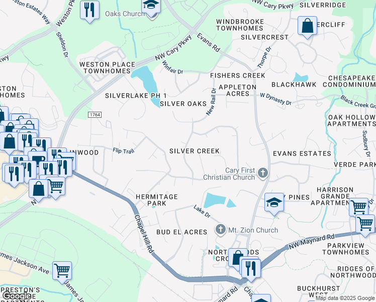 map of restaurants, bars, coffee shops, grocery stores, and more near 303 Stromer Drive in Cary