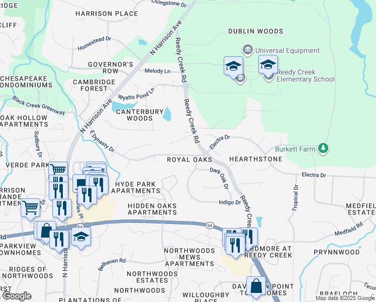 map of restaurants, bars, coffee shops, grocery stores, and more near 609 E Dynasty Dr in Cary