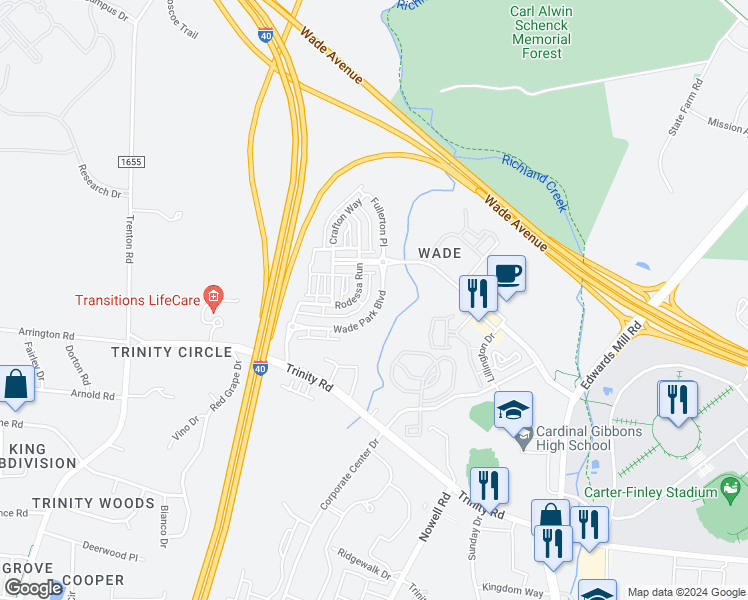 map of restaurants, bars, coffee shops, grocery stores, and more near 5530 Wade Park Boulevard in Raleigh