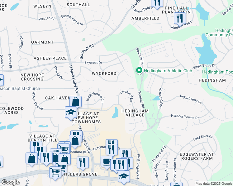 map of restaurants, bars, coffee shops, grocery stores, and more near 4509 Belvedere Court in Raleigh