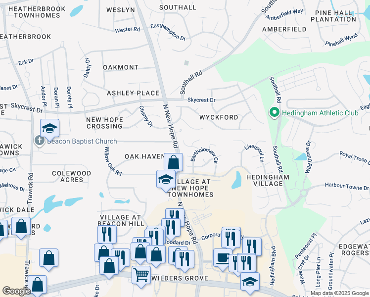 map of restaurants, bars, coffee shops, grocery stores, and more near 4324 Warfield Place in Raleigh