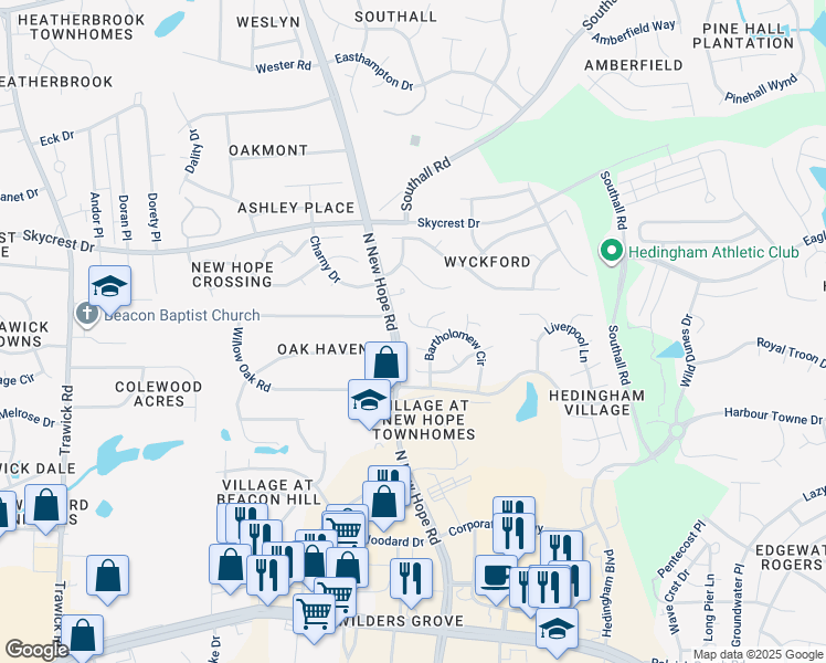map of restaurants, bars, coffee shops, grocery stores, and more near 4324 Warfield Place in Raleigh