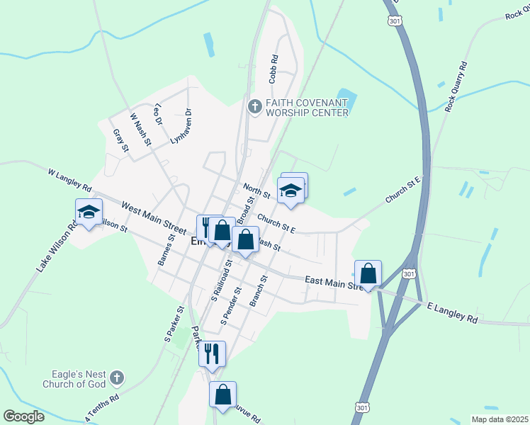map of restaurants, bars, coffee shops, grocery stores, and more near 105 Church Street East in Elm City