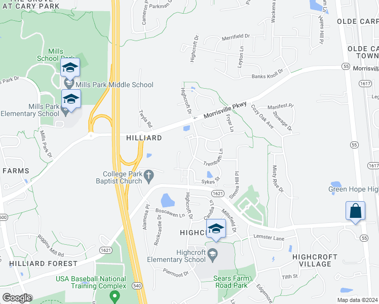 map of restaurants, bars, coffee shops, grocery stores, and more near 5313 Cambridgeshire Loop in Cary
