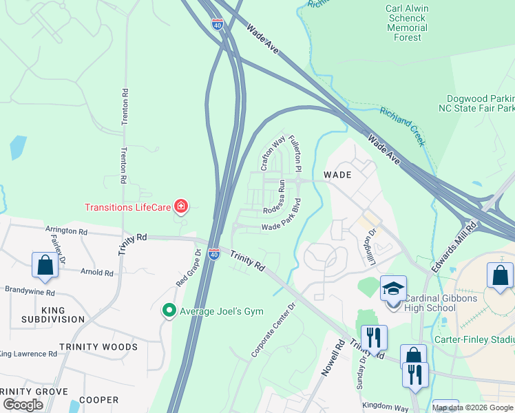 map of restaurants, bars, coffee shops, grocery stores, and more near 1404 Crafton Way in Raleigh