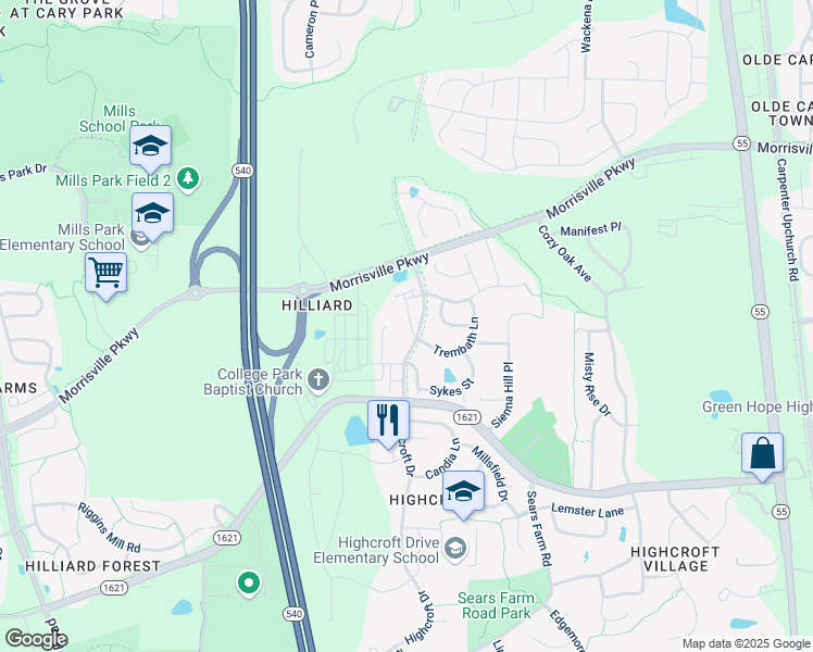 map of restaurants, bars, coffee shops, grocery stores, and more near 5313 Cambridgeshire Loop in Cary