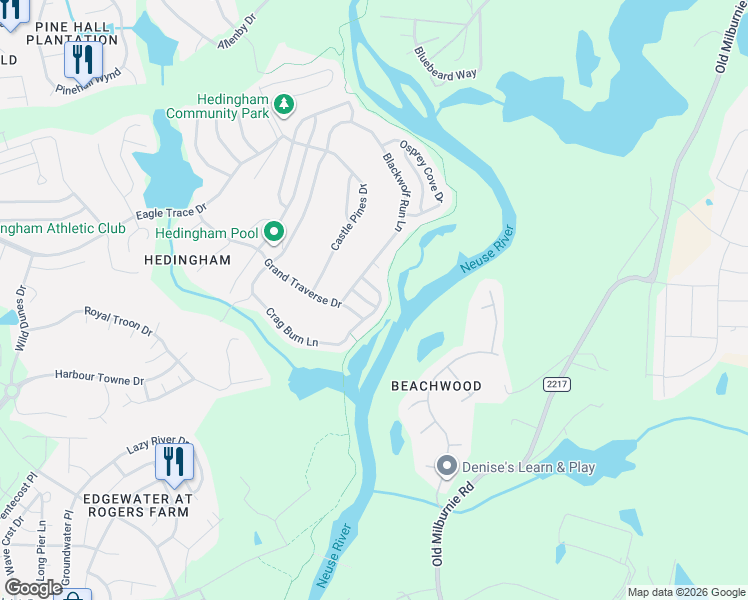map of restaurants, bars, coffee shops, grocery stores, and more near 5633 Metedeconk Lane in Raleigh