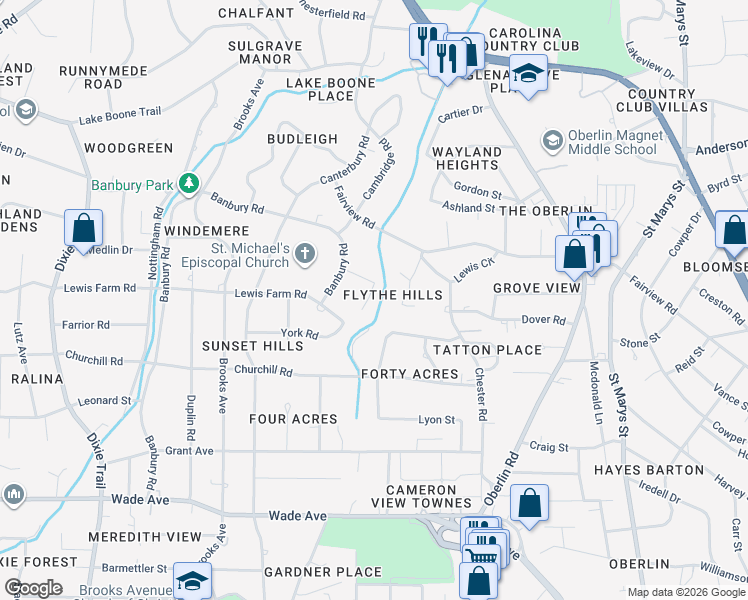 map of restaurants, bars, coffee shops, grocery stores, and more near 2704 Manning Place in Raleigh
