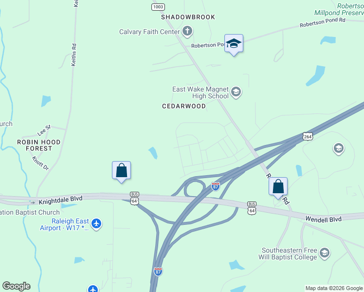map of restaurants, bars, coffee shops, grocery stores, and more near 9021 U.S. 64 in Knightdale