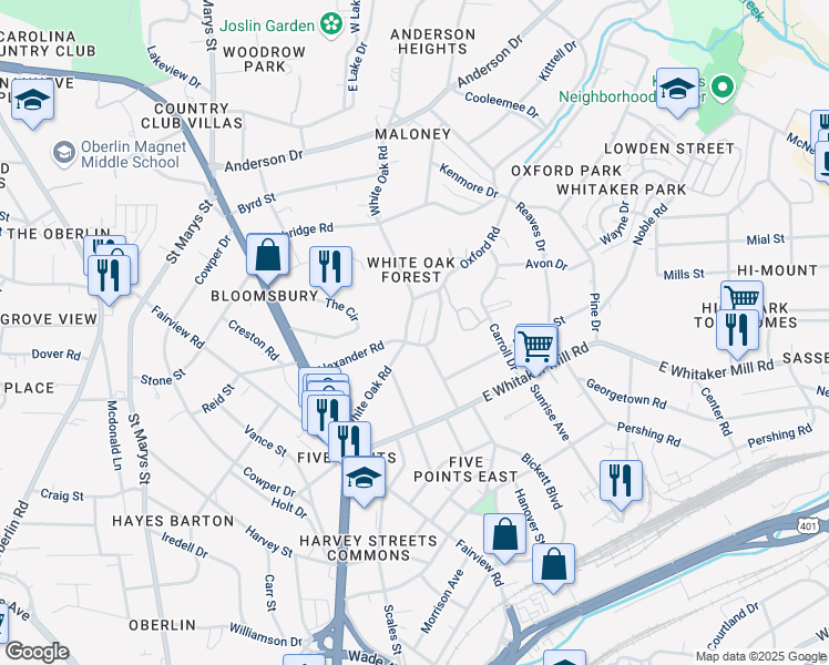 map of restaurants, bars, coffee shops, grocery stores, and more near 2004 White Oak Road in Raleigh