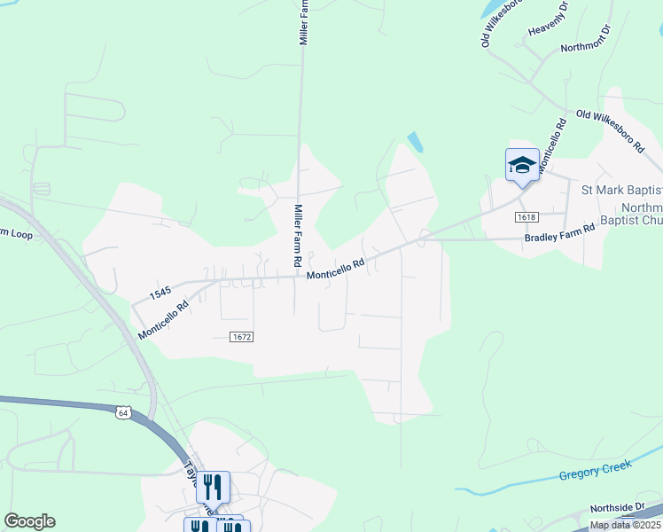 map of restaurants, bars, coffee shops, grocery stores, and more near 302 Monticello Road in Statesville