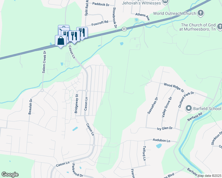 map of restaurants, bars, coffee shops, grocery stores, and more near 2193 Barringer Lane in Murfreesboro
