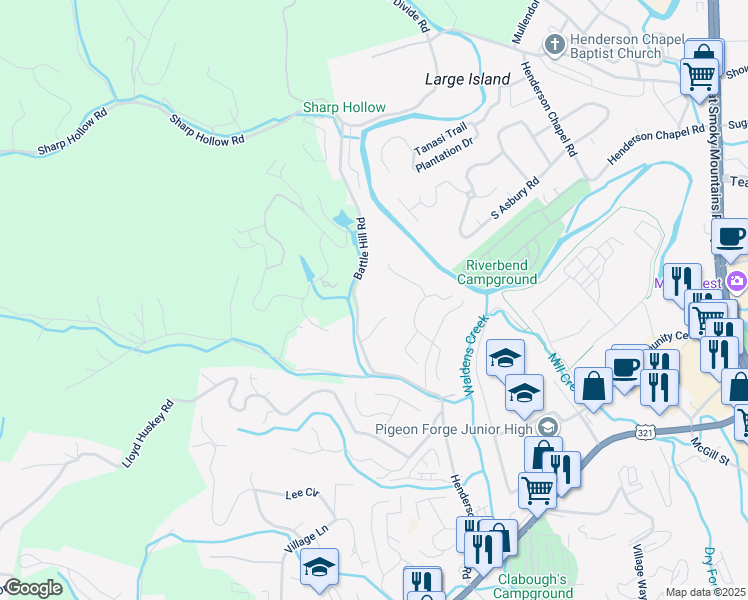 map of restaurants, bars, coffee shops, grocery stores, and more near 2243 Battle Hill Road in Pigeon Forge