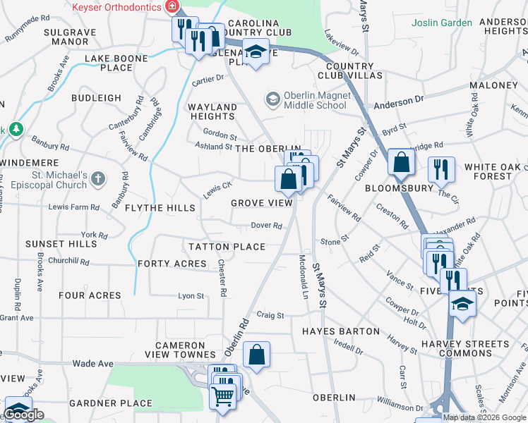 map of restaurants, bars, coffee shops, grocery stores, and more near 2627 Davis Street in Raleigh
