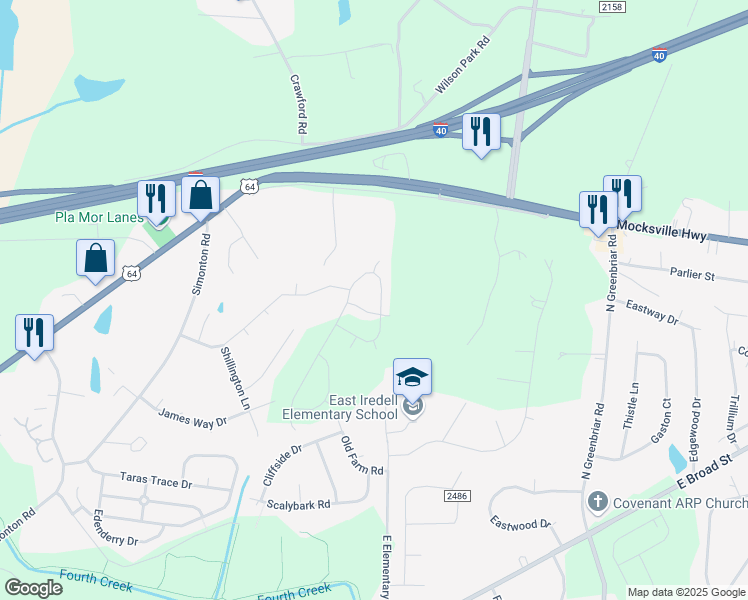 map of restaurants, bars, coffee shops, grocery stores, and more near 2640 Andes Drive in Statesville