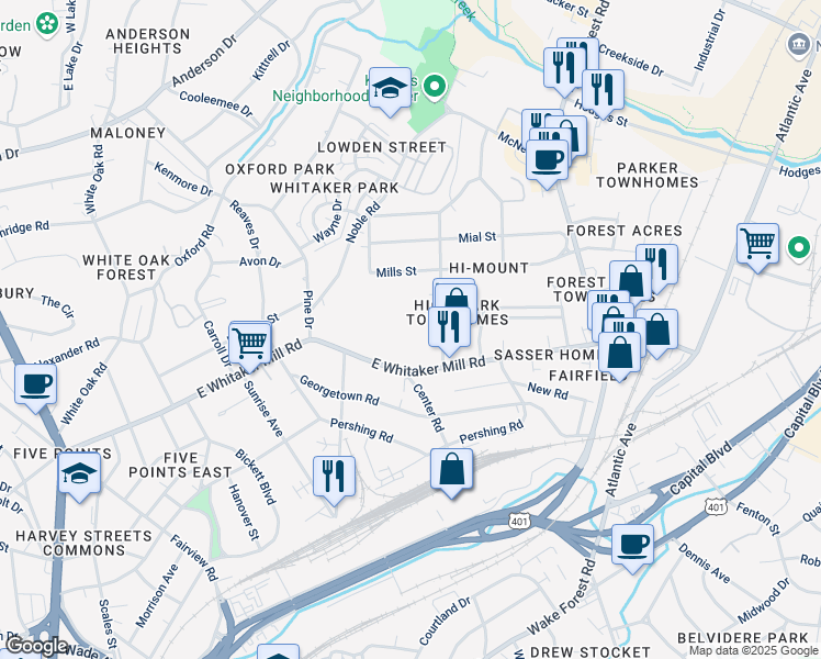 map of restaurants, bars, coffee shops, grocery stores, and more near 521 East Whitaker Mill Road in Raleigh