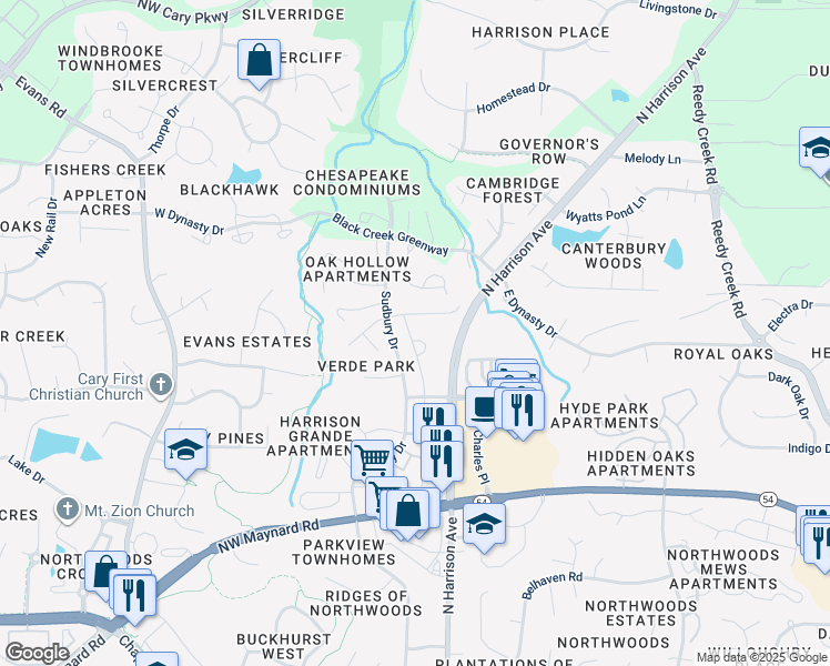 map of restaurants, bars, coffee shops, grocery stores, and more near 360 Roberts Ridge Drive in Cary