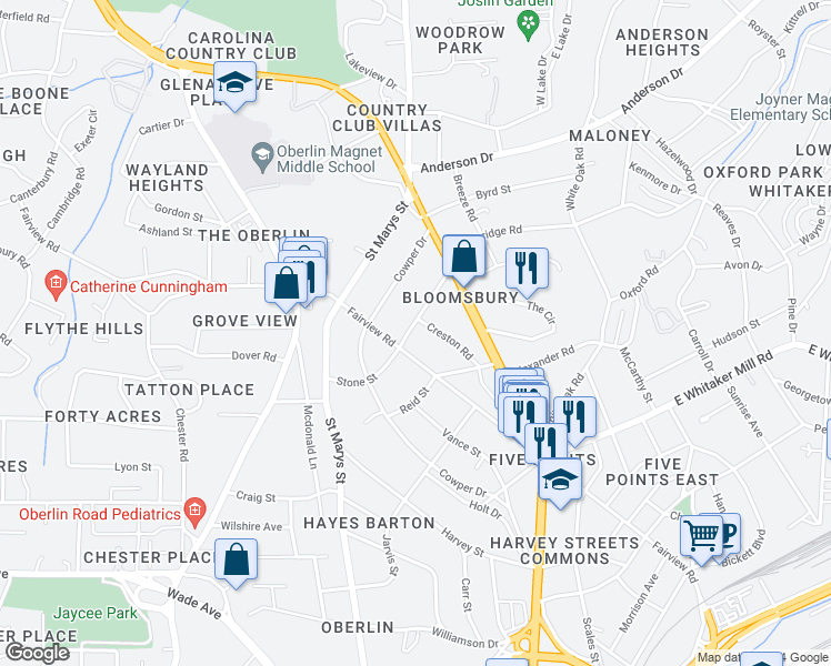 map of restaurants, bars, coffee shops, grocery stores, and more near 2106 Woodland Avenue in Raleigh